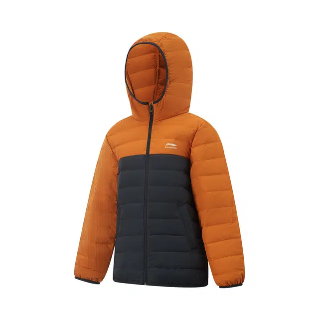 李宁儿童 运动生活系列 时尚洋气舒适百搭拼色羽绒服 果酱橙/炭黑色 青少年