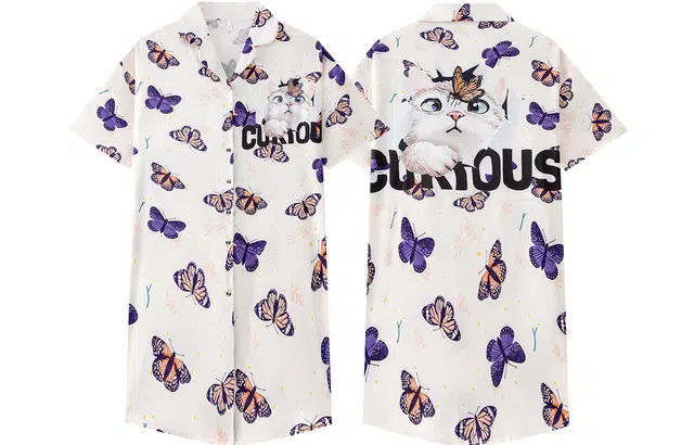 宫蝶 冰丝短袖宽松睡衣家居服蝴蝶满印休闲可爱开衫夏季睡裙 女款