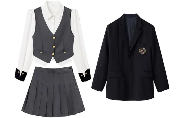 九条喵 单排扣西装马甲拼色长袖衬衫纯色百褶短裙制服 女款 灰色