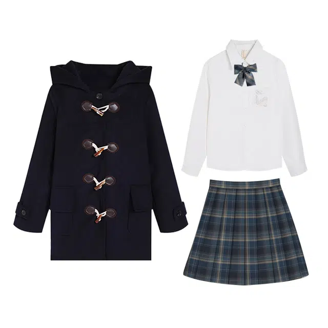 冰淇淋与鲸 纯色连帽牛角扣毛呢大衣学院风格纹半身裙长袖衬衫制服 女款