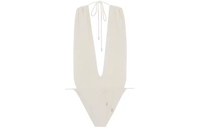 Saint Laurent V-Neck Tie Triangle Swimsuit Cream White