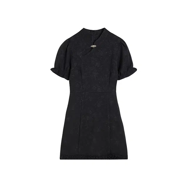 冰淇淋与鲸 纯色斜襟泡泡袖短袖短款旗袍 黑色新中式旗袍连衣裙 女款 少女款百搭