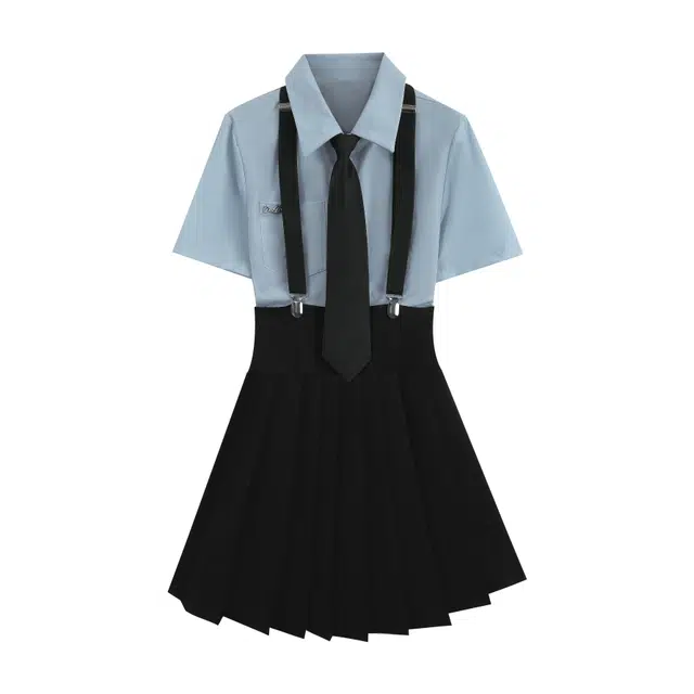 花山家的猫 单排扣修身长袖衬衫纯色背带裙领带显瘦制服套装 女款