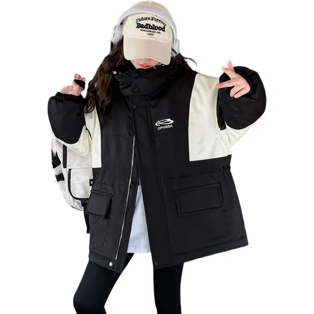 雅鹿棉衣 时尚潮流甜美气质保暖加绒加厚拼色宽松轻盈 黑色 青少年