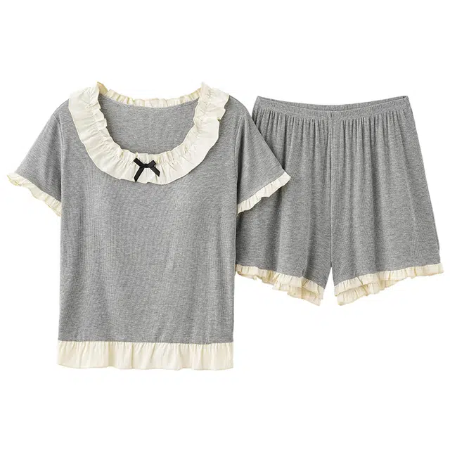 好福份 简约少女系列 带胸垫短袖蝴蝶结领口拼接柔软亲肤三分裤可外穿家居服夏季睡衣套装 女款