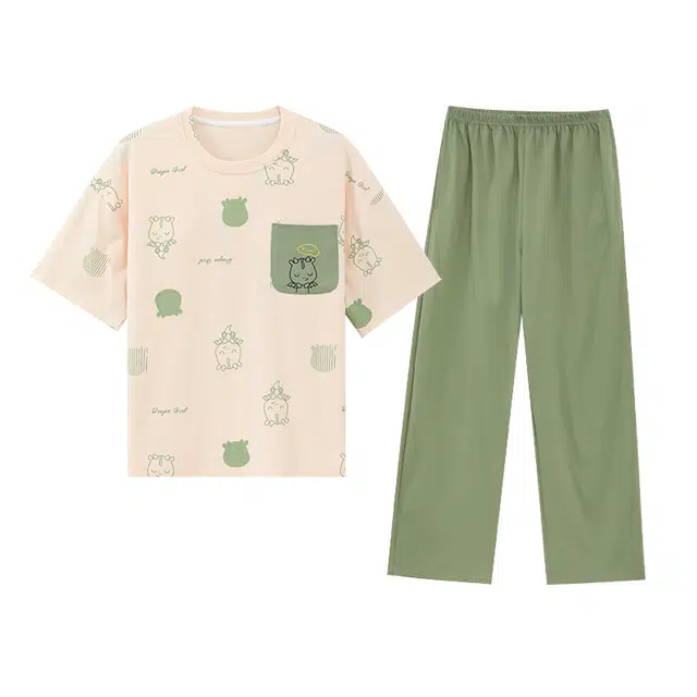 莫代尔 简约韩版经典舒适气质柔软轻盈透气清新圆领带胸垫一体式防凸点家居服可外穿短袖长裤春夏秋睡衣套装 女款