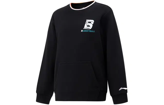 儿童款 李宁儿童 篮球系列 字母印花圆领大口袋套头卫衣 黑色