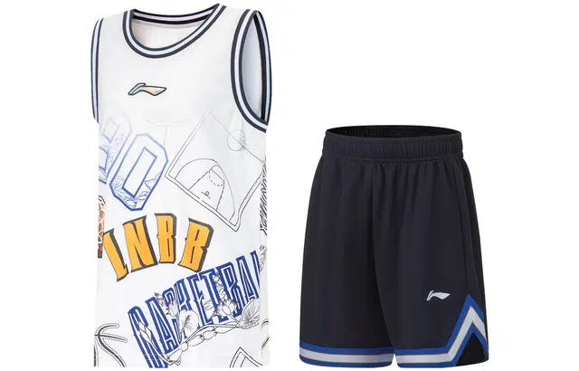 李宁儿童 童装 运动篮球系列 字母印花圆领套头无袖背心中腰直筒短裤休闲运动套装 男童