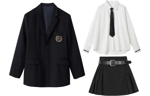 九条喵 宽松西装外套竖条纹刺绣长袖衬衫百褶裙制服 女款