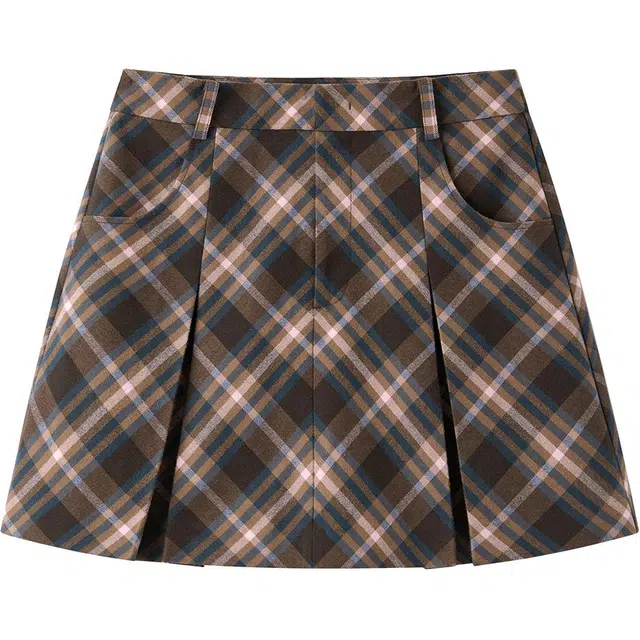 太平鸟 高腰百褶短款休闲短裙 女款 棕色格纹