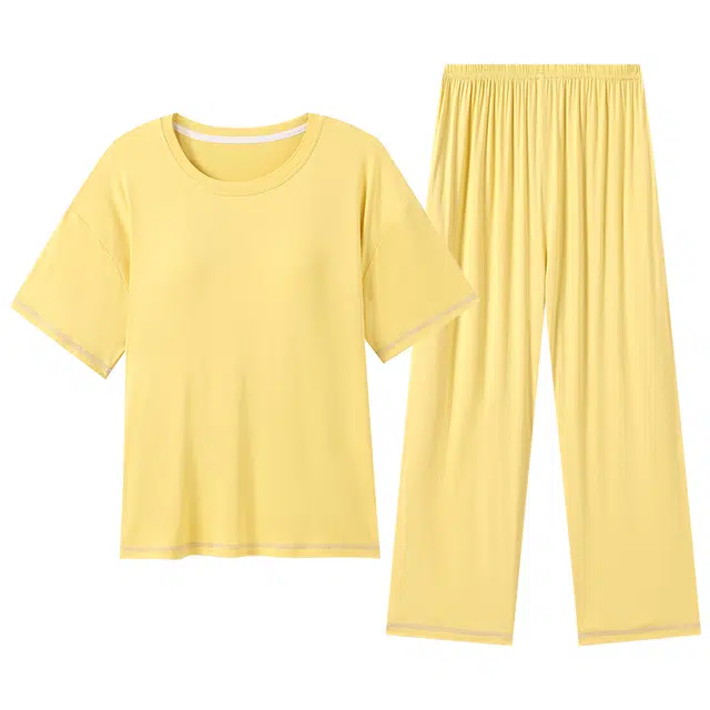 好福份 圆领短袖长裤纯色休闲可外穿家居服睡衣套装 女款