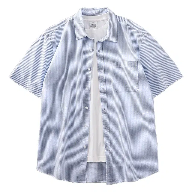 杜克恩 牛津纺休闲宽松条纹短袖百搭通勤衬衫 男女同款