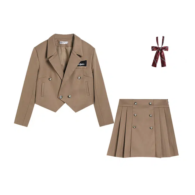 冰淇淋与鲸 纯色不规则短款西装高腰百褶短裙制服 女款