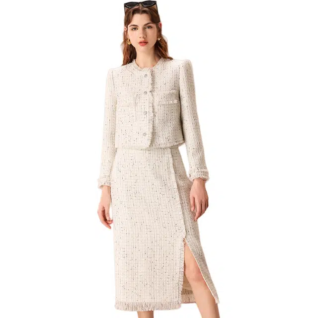 粉红玛琍 圆领单排扣小香风外套开叉半身裙裙装套装 女款 白色