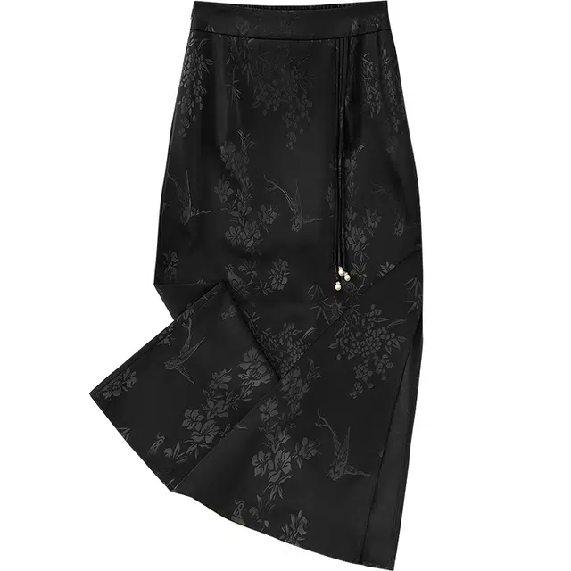 她池 新中式简约开叉优雅中长款休闲长裙 女款 黑色