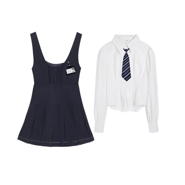 冰淇淋与鲸 背心裙背带百褶衬衫制服套装 女款学院风套装方领显瘦四季款女装