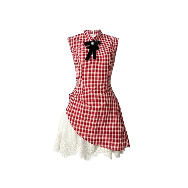 敲模女孩 甜美风韩系复古格纹拼接公主风蓬蓬裙气质收腰立领无袖连衣裙 女款