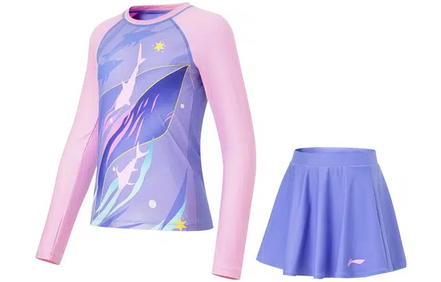 李宁 童装 训练系列 撞色圆领套头上衣松紧腰短裙防晒紧身儿童泳衣泳裤 女童 荧光绣蓝紫