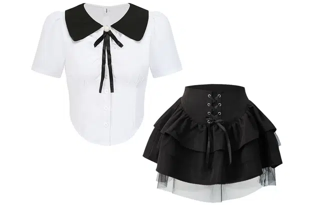 九条喵 学院风尖领短款短袖衬衫中腰修身短款半身裙制服 女款