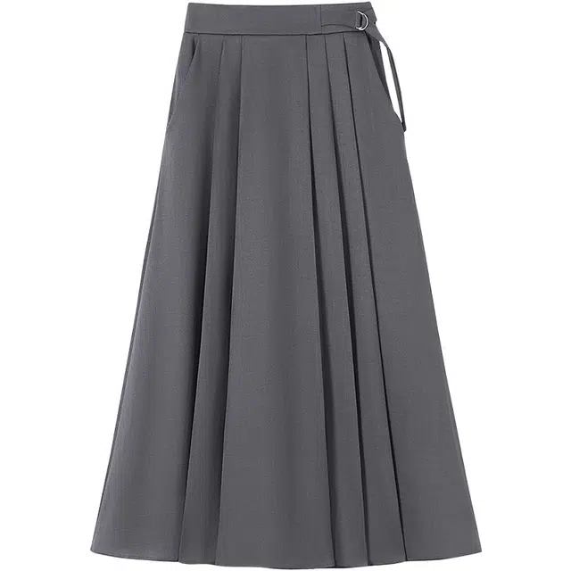 她池 高腰通勤简约垂顺中长款百褶裙休闲长裙 女款 深灰色