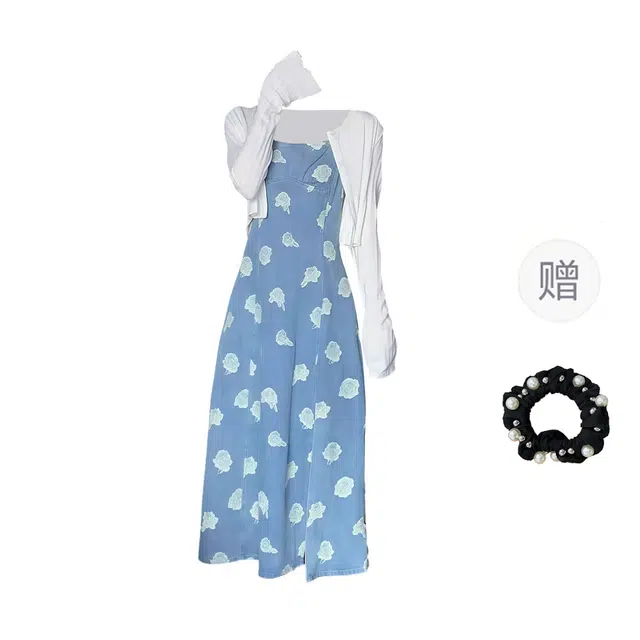 雾闪闪 复古韩系刺绣牛仔连衣裙吊带裙蕾丝披肩开衫裙装套装 女款