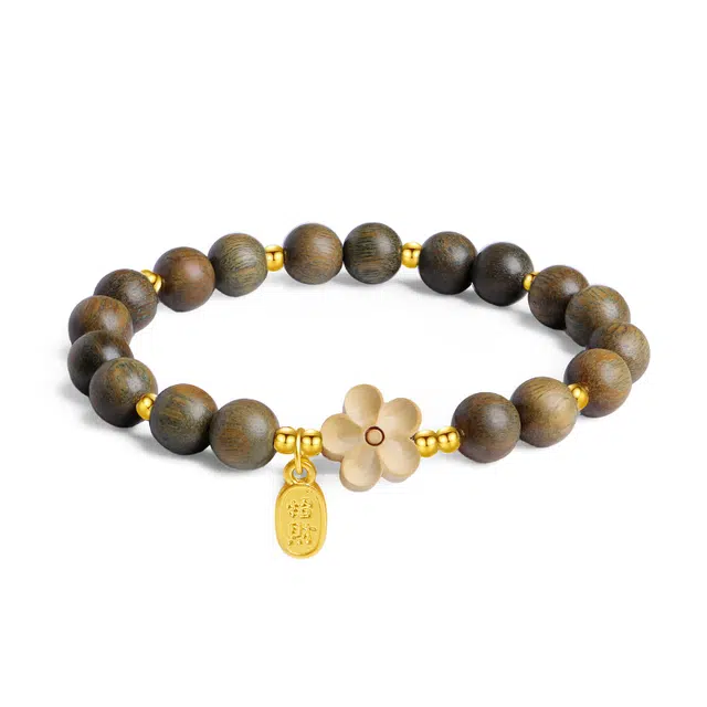 木盛缘 【招桃花】新中式国潮招财转运桃花简约森系木质佛念珠单圈复古好运莲莲 绿檀 手串 女款