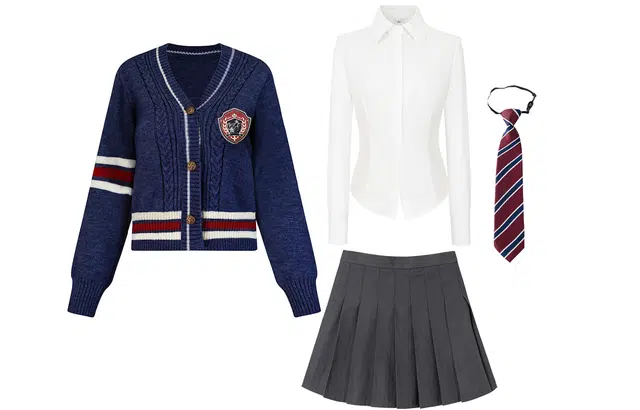 九条喵 撞色针织开衫长袖衬衫百褶裙学院风制服 女款