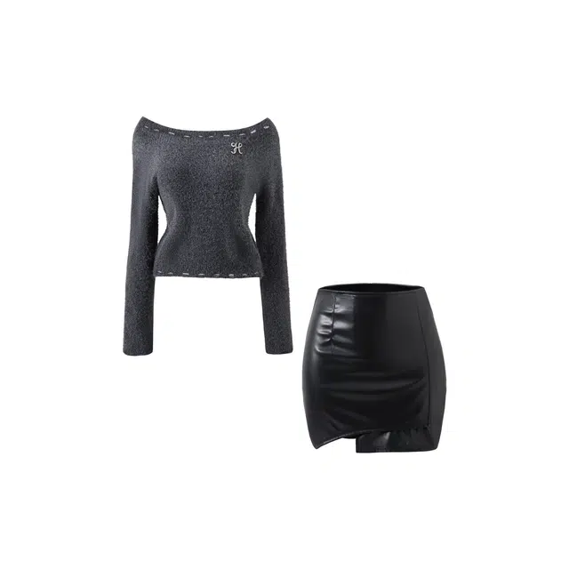 花山家的猫 金属标一字肩厚款长袖上衣半身裙皮裙制服 女款 灰色