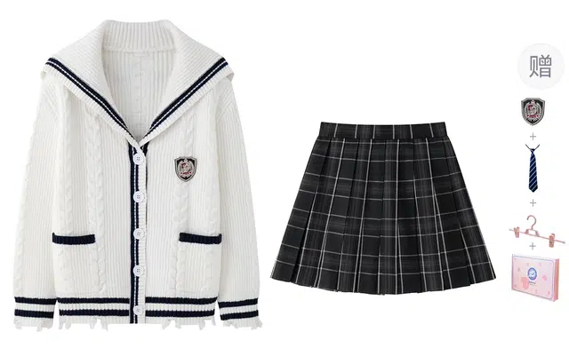 东鲸岁时记 学院风复古海军蓝长袖上衣高腰修身半身裙制服 秋冬季 女款 礼盒装 白色+黑色