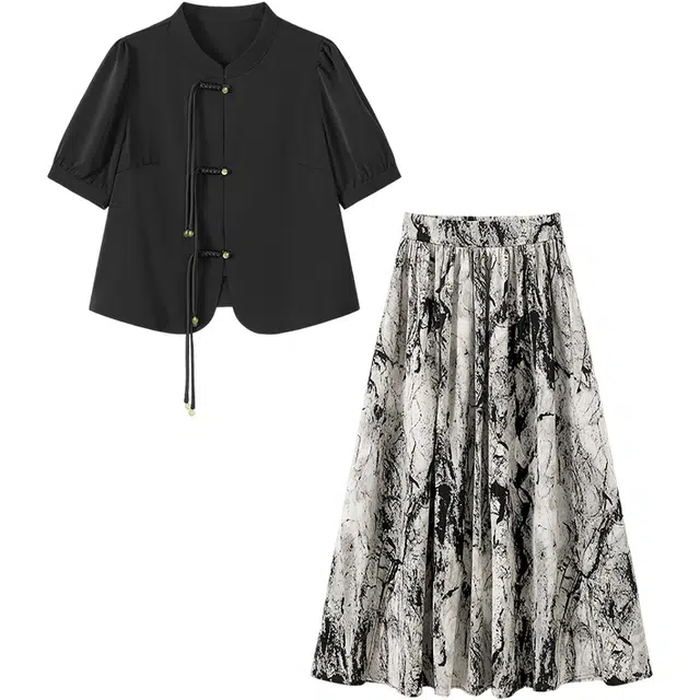 她池 立领短袖衬衫中长半身裙两件套新中式国风裙装套装 女款