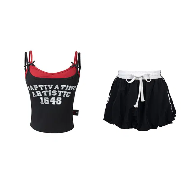 敲模女孩 美式复古学院风假两件吊带背心上衣设计感松紧腰撞色辣妹花苞短裙裙装套装 女款
