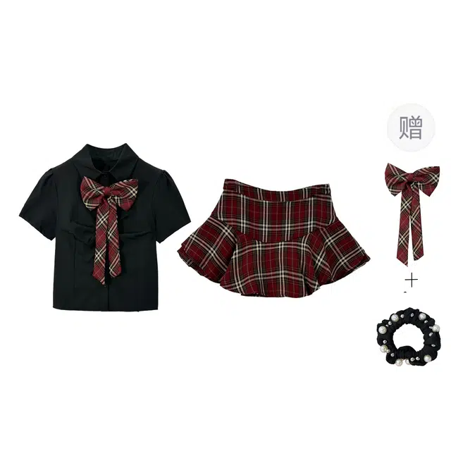 雾闪闪 学院风制服两件套辣妹修身短袖蝴蝶结衬衣高腰格子裤裙裙装套装 女款