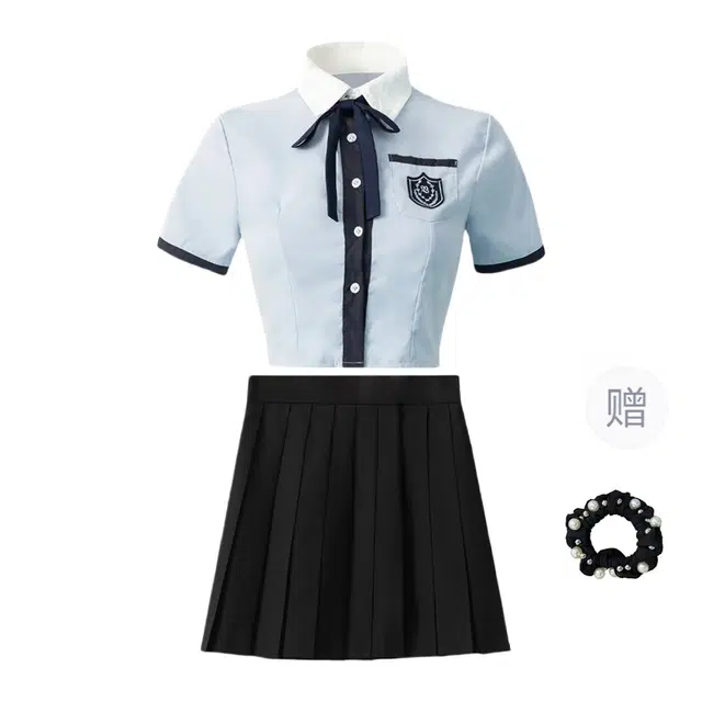 雾闪闪 韩系学院风刺绣短袖衬衫高腰百褶短裙裙装套装 女款