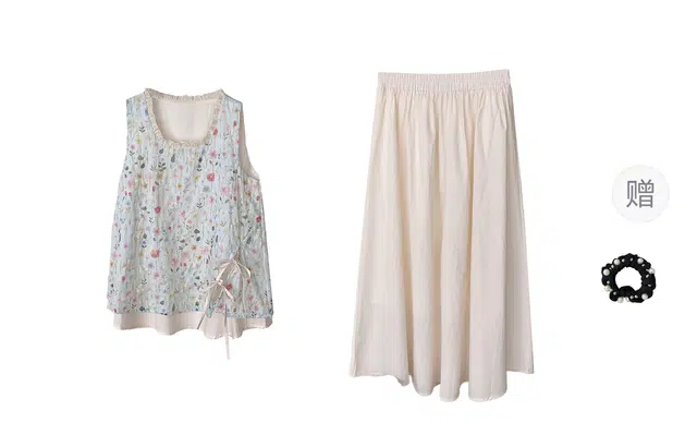 雾闪闪 韩系时尚温柔甜美气质小清新碎花刺绣背心高腰半身裙裙装套装 女款