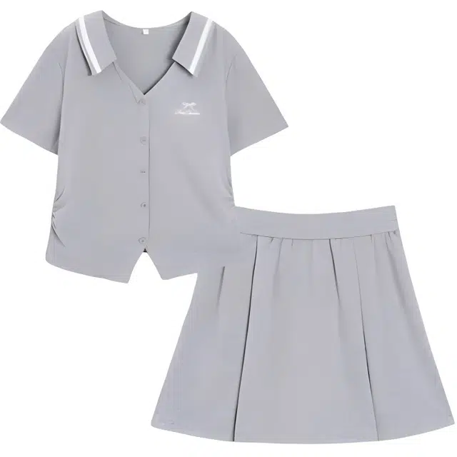爱依服 翻领短袖上衣简约短裙裙装套装 女款