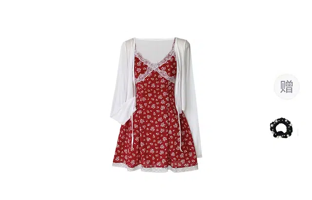 雾闪闪 法式纯欲风气质百搭长袖开衫收腰蕾丝花边碎花连衣裙裙装套装 女款