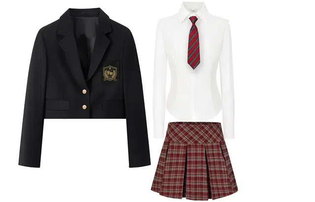 九条喵 学院风舒适简约西装外套收腰纯色长袖衬衫辣妹格纹半身裙制服 女款 黑白红
