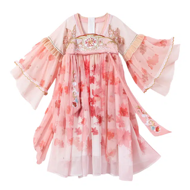 十月妈咪 方领碎花胸口刺绣长袖汉服 儿童款