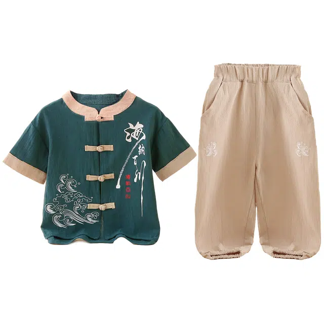 十月妈咪 图案印花立领短袖上衣纯色长裤休闲运动套装 儿童款