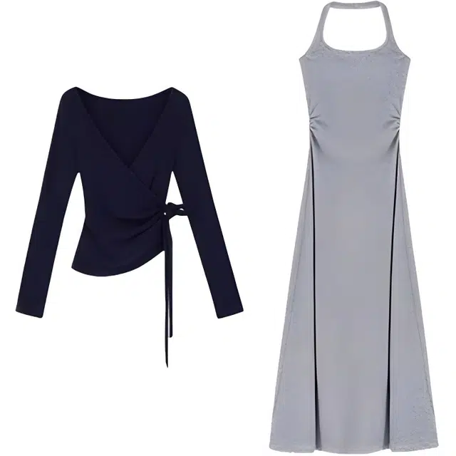 哒头下雨不愁 慵懒风休闲针织挂脖吊带裙女春夏季防晒绑带罩衫收腰显瘦长裙裙装套装 女款