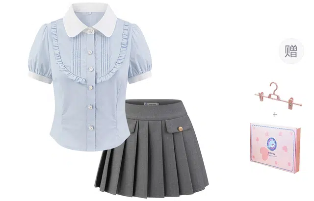 东鲸岁时记 法式气质独特漂亮收腰短袖衬衫裙装套装 女款 礼盒装 礼盒装 蓝色衬衫+灰色百褶裙（内含打底裤） 买赠送裙夹
