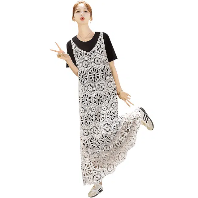 丝柏舍 镂空休闲简约开衫舒适时尚连衣裙裙装套装 女款 外米里黑