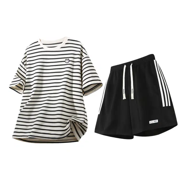 吾皇猫 条纹日常短袖上衣通勤夏季五分裤休闲运动套装 男女同款
