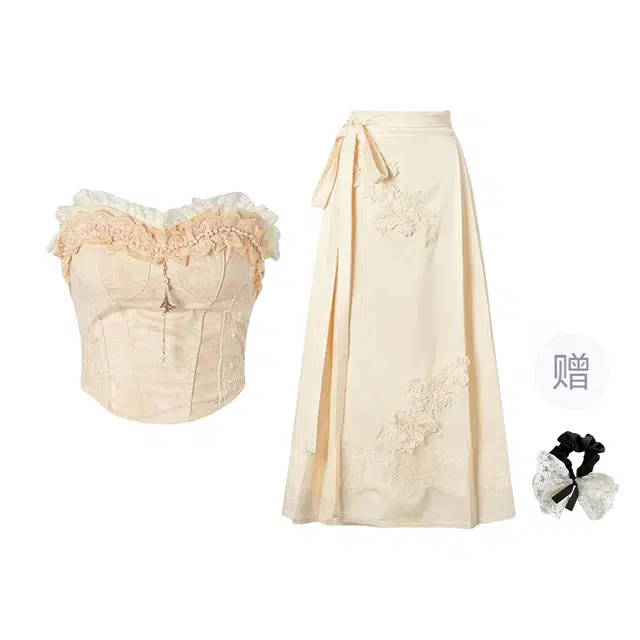 涂诗菲 新中式刺绣重工蕾丝珍珠鱼骨抹胸上衣压褶垂感显瘦马面裙裙装套装 女款