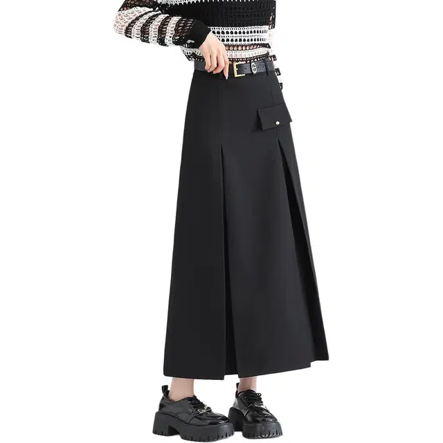 法文箱子 纯色高腰中长款休闲长裙 女款