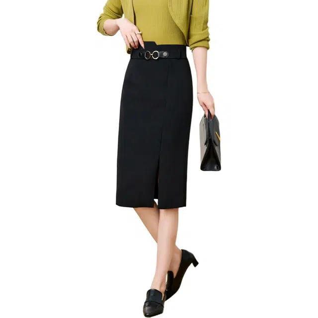 粉红玛琍 纯色包臀高腰休闲长裙 女款 黑色