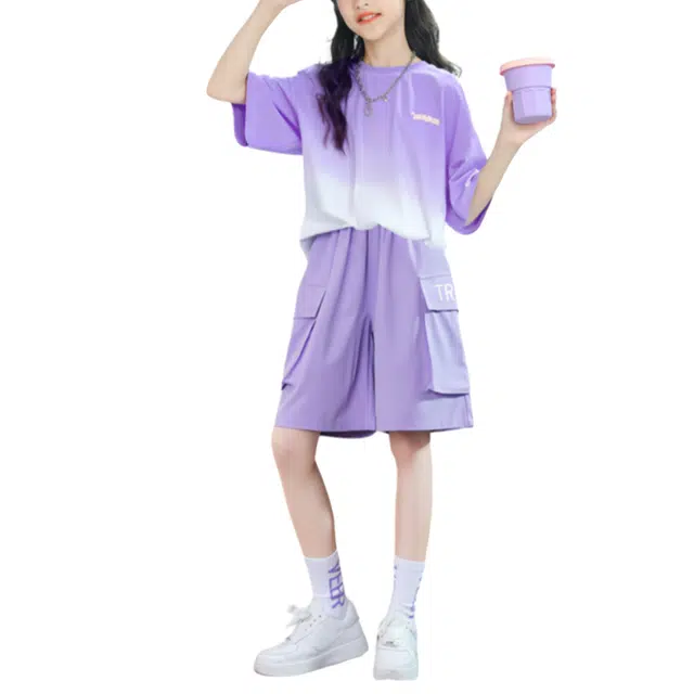 儿童款 憨憨象 舒适柔软短袖透气亲肤短裤休闲运动套装 紫色