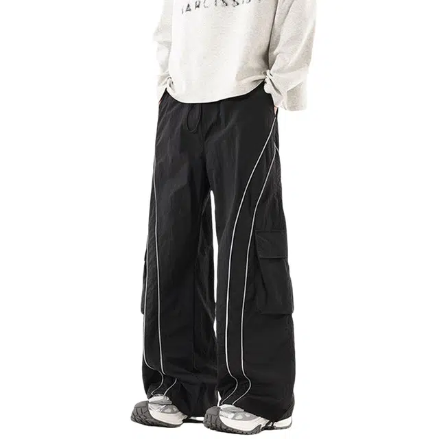 哲源 美式高街潮流时尚侧边条纹反光防水抽绳大口袋设计薄款速干伞兵高街阔脚裤宽松百搭透气舒适凉爽长裤休闲裤 男女同款