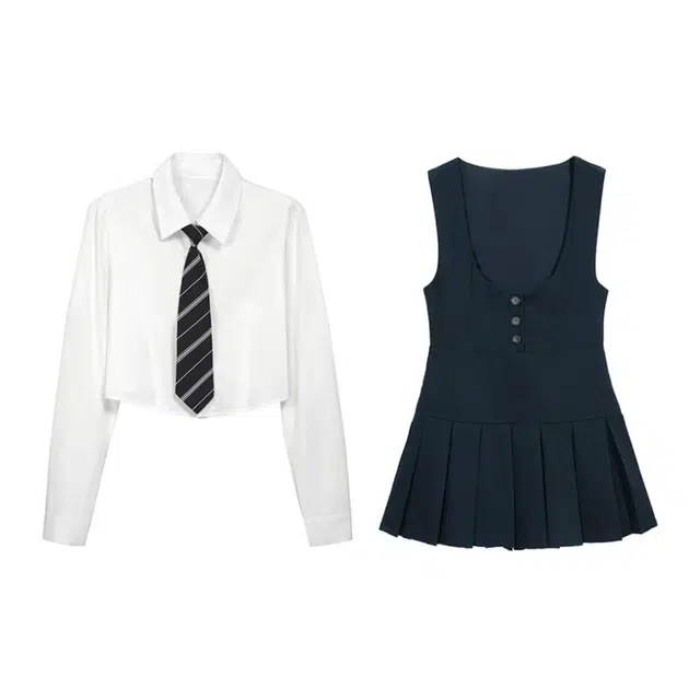 敲模女孩 学院风纯色翻领长袖衬衫舒适简约百褶连衣裙裙装套装 女款