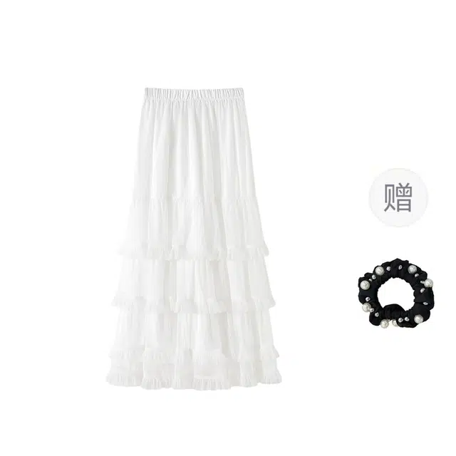 雾闪闪 芭蕾风网纱蕾丝不规则大摆半身休闲长裙 女款 （白色+发圈）买赠